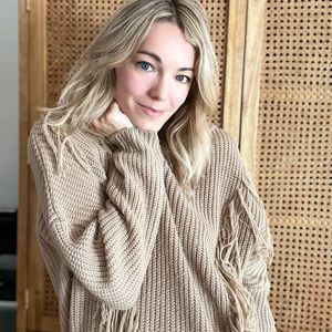 Oversized tan sweater with fringe